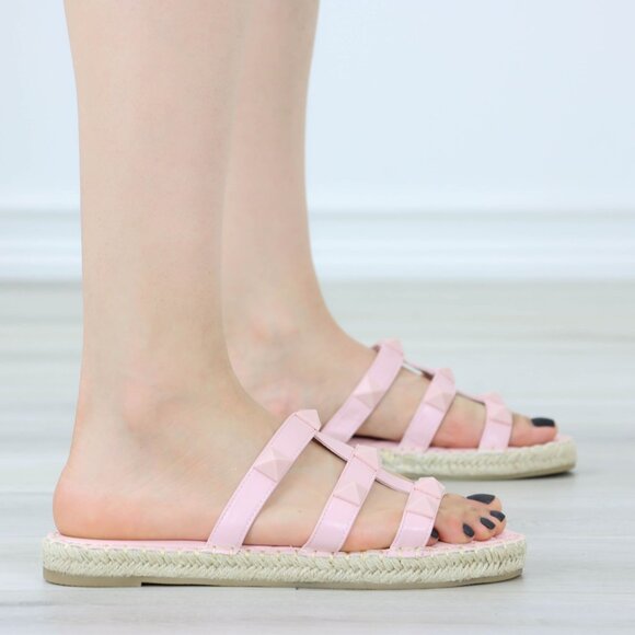 Light Pink Studded Espadrille Sandals Strappy Gladiator Style Casual Shoe - Picture 8 of 15